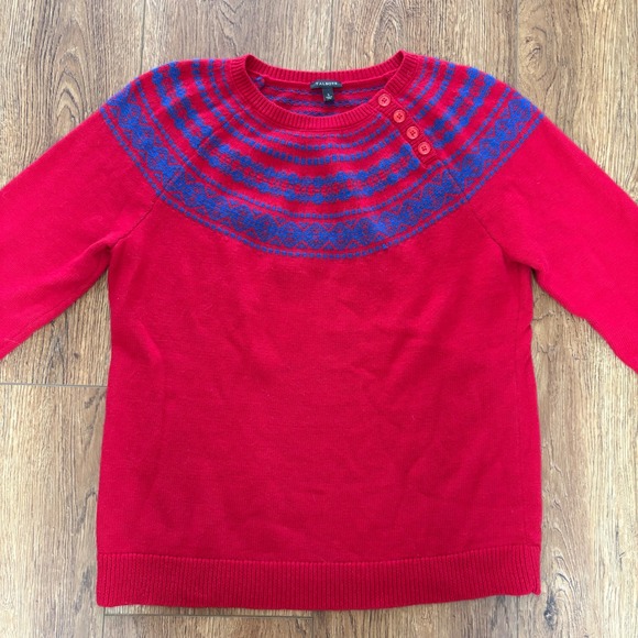 Talbots Lambswool Fair Isle Knit Sweater Womens L Red Blue Crew Neck Buttons - Picture 5 of 11